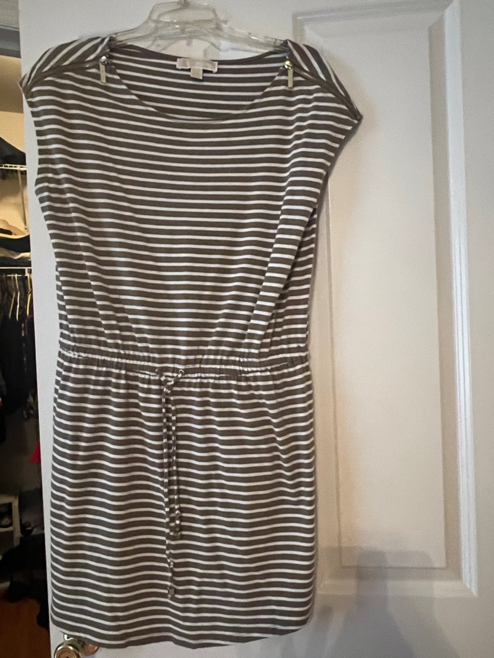 Michael Kors Women's Striped Drawstring Waist Dress - Light Green & White